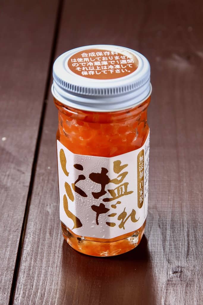 北海道函館市の弥生水産の塩だれいくら80g瓶、お取り寄せイクラ
