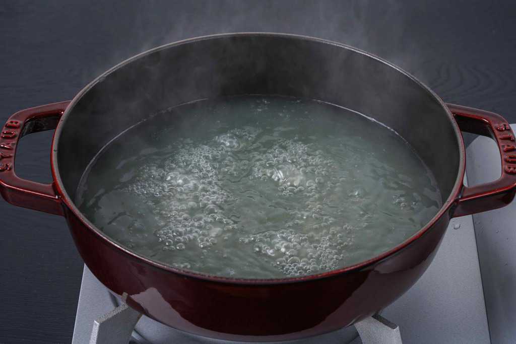 ストウブ鍋の中で沸騰する水郷のとりやさんの鶏ガラスープ